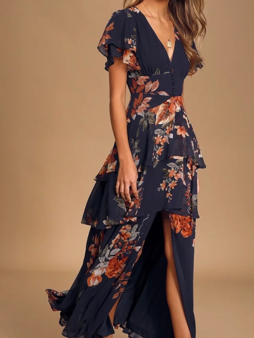 Lulus Midnight Mood Navy Blue Floral Print Tiered Maxi Dress - Size L - Picture 6 of 8